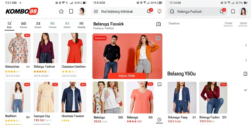 Tampilan intuitif dan modern aplikasi KOMBO88 untuk belanja Fashion.