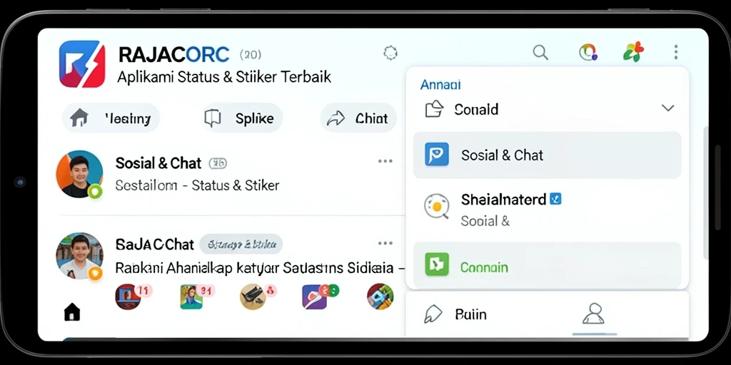 Antarmuka RAJACORC menampilkan stiker dan status yang menarik.